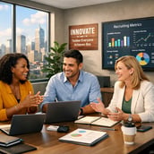 Recruiters Discussing in Modern Office with City Skyline and Digital Metrics